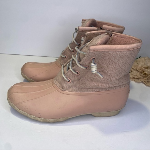 Sperry Top-Sider Saltwater Rain Duck Boots Rose Pink Size 8 Wool Emboss Lining - Picture 3 of 10